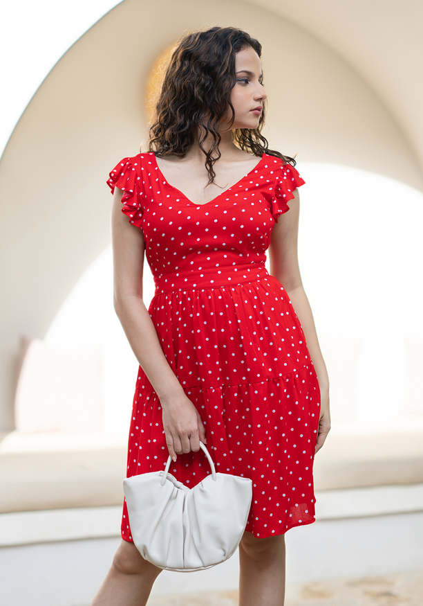 LILA WHITE DOTTED RED DRESS